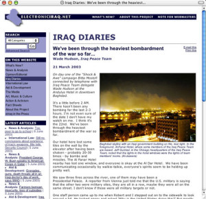 Electronic Iraq, "the alternative news moonshot", offering unembedded reporting via satellite data modem from on the ground in Baghdad during "Shock & Awe".