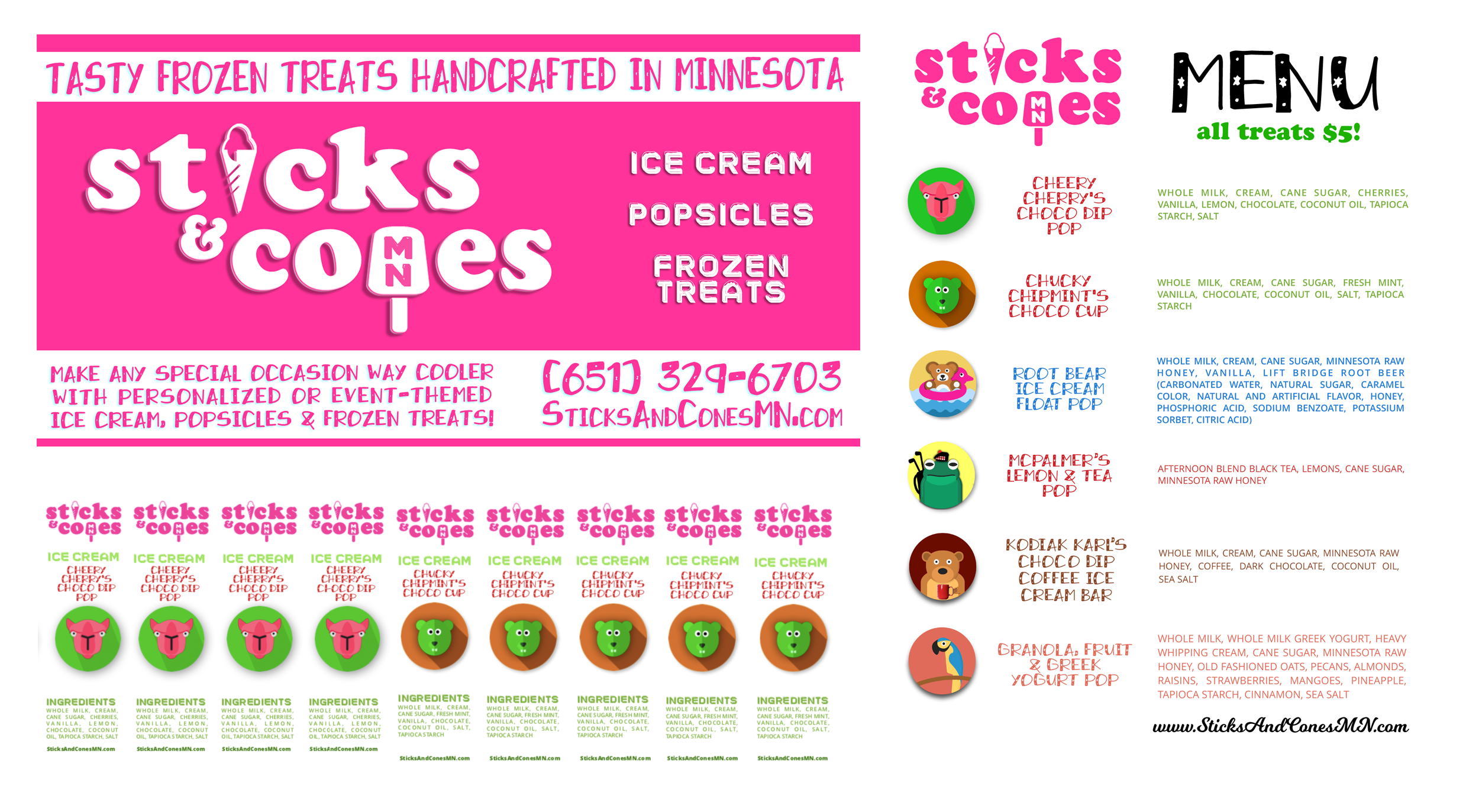 Sticks & Cones MN signage, labels, and menu